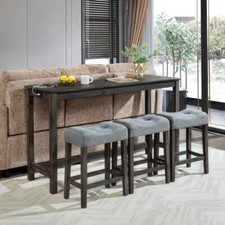 4-Pc Bar Table Set w/Power Outlet & Stools, Behind Couch Table for Living/Dining