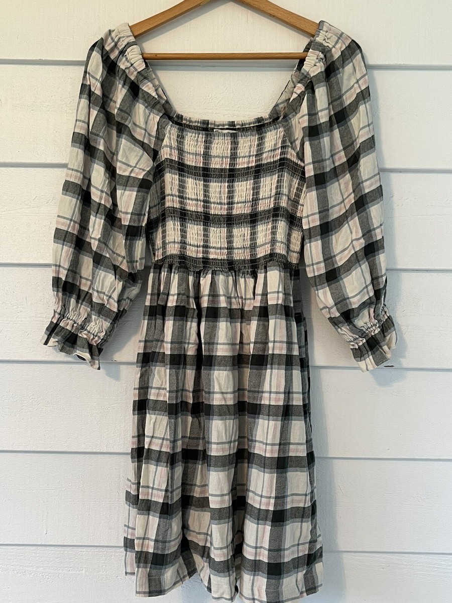 Madewell Lucie Elbow Smocked Mini Dress Green Plaid Cottage Core Flannel  Medium | eBay