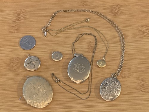 VINTAGE LOT YELLOW GOLD FILLED ETCHED STARBURST MONO LOCKETS NECKLACES 54 GRAMS