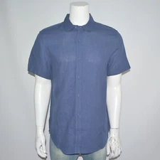 NWT ONIA Standard Fit Linen Blend Vintage Indigo Navy Short Sleeve Shirt Sz L