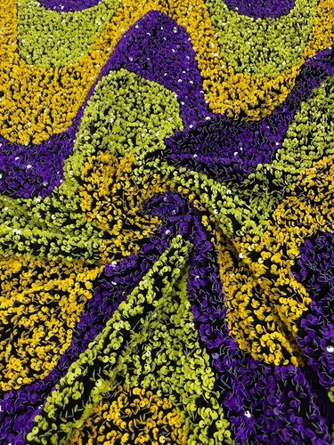 Wavy Line Design Velvet Sequins - Purple/Yellow/Green -2 Way Stretch Fabric - Picture 2 of 5