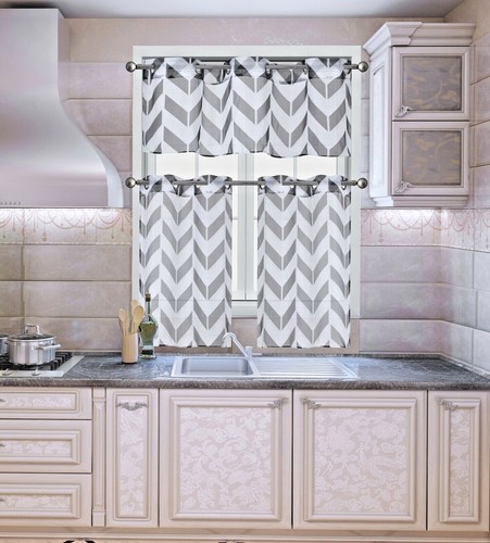 3PC KITCHEN PRINTED 2 TONE VOILE SHEER WINDOW CURTAIN VALANCE AND TIER PANEL - Picture 10 of 13