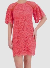 Vince Camuto Women's Pink Coral Lace Lined Flutter-Sleeve Shift Dress Size 16