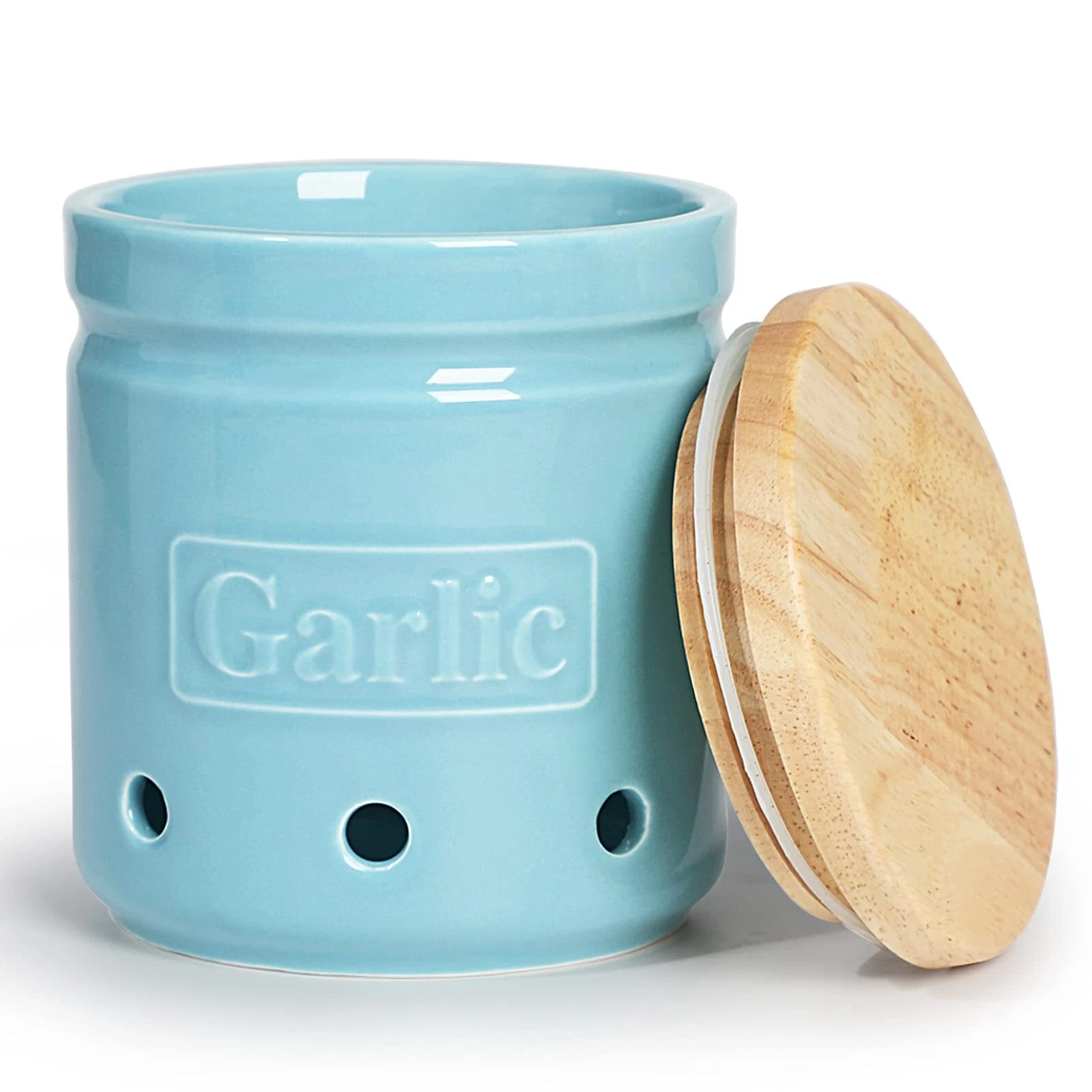 Large Garlic Keeper with Wooden Lid Ceramic Garlic Holder Storage Garlic Cont...