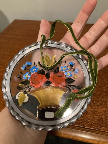 Cesta floral de flores pintadas a mano alemana para colgar en la pared atrapasol vintage - Imagen 6 de 8