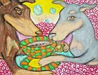 Doberman Pinscher with Coffee Collectible Aceo Print Dog pop Art Card 2.5X3.5