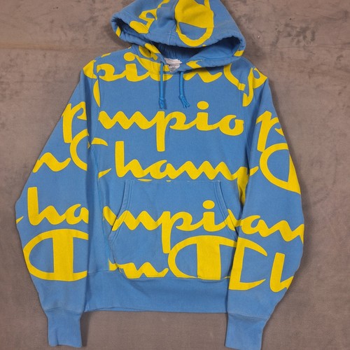Champion Reverse Weave Hoodie Herren Small blau gelb Logo Allover Print - Bild 2 von 7