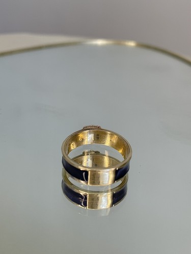 Antique Yellow Gold Dark Blue Enamel Locket Front Mourning Ring - Picture 4 of 6