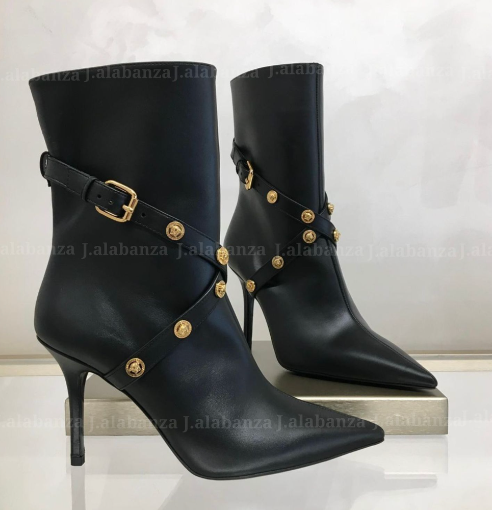 Authentic New Versace Medallion Buckle Bootie, Black/Gold, Size 39
