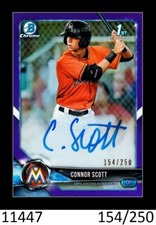 1-2018 BOWMAN CHROME DRAFT PURPLE REFRACTOR AUTO CONNOR SCOTT MARLINS 154/250