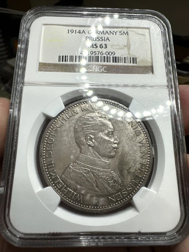1914A GERMANY PRUSSIA WILHELM II SILVER 5 MARK NGC MS63