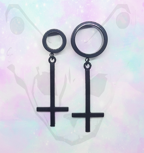 Steel Black Inverted Upside Down Cross Goth Pendant Dangle Ear Plug Tunnel Gold - Picture 5 of 9