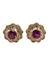 14 Karat Yellow Gold Diamond & Natural Pink Sapphire Halo Stud Earrings #19021