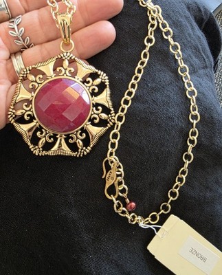 NEW Studio ''Barse'' Thailand Gold Tone Necklace Pendant w/Genuine Pink Rhodonite