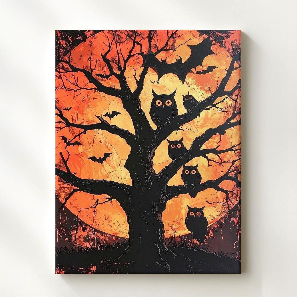Arte de pared de silueta de Halloween inspirado en el folclore lienzo árbol búho de otoño