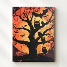 Autumn Owl Tree Canvas Folklore-Inspired Halloween Silhouette Art Wall Art