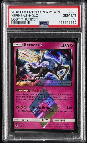 2018 POKEMON SUN & MOON LOST THUNDER #144 XERNEAS-HOLO PSA 10