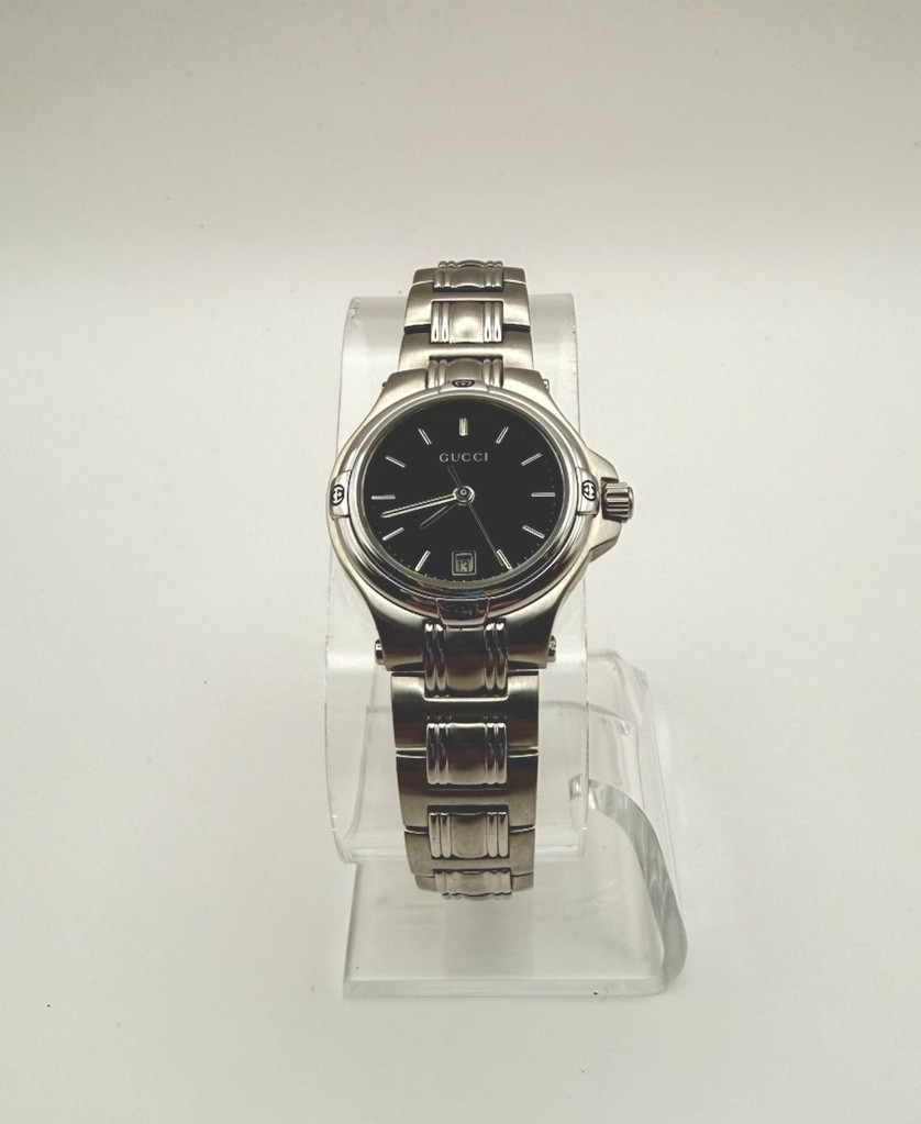 Vintage N MINT GUCCI 9040L Gold Black Dial Two Tone Date Qz Ladies
