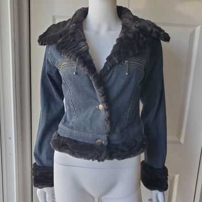 No Boundaries Size Small Faux Fur Trim Jean Jacket Vintage Y2k