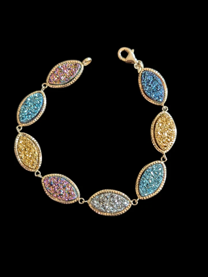 Milor Italy 14k Solid Gold Faux Multicolor Druzy Bracelet 7.5" Fits 6.75" - Image 3 of 4