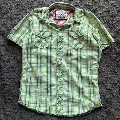 Y2K Company 81 Mens Short Sleeve Green Plaid Button-Up Shirt Red Back Embroidery