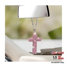 Bling Car Hanging Ornament, Crystal Rhinestone Cross Pendant Rearview Pink