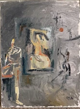 Oblique Cubism Oil Painting Figures In Landscape 18x24 Canvas Original Signed