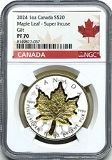 2024 CANADA SUPER INCUSE $20 1OZ SILVER MAPLE LEAF NGC PF70 24K GOLD GILT