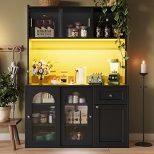 Kitchen Cupboard Cabinets Black Pantry Cupboard with Countertop & LED Lighting