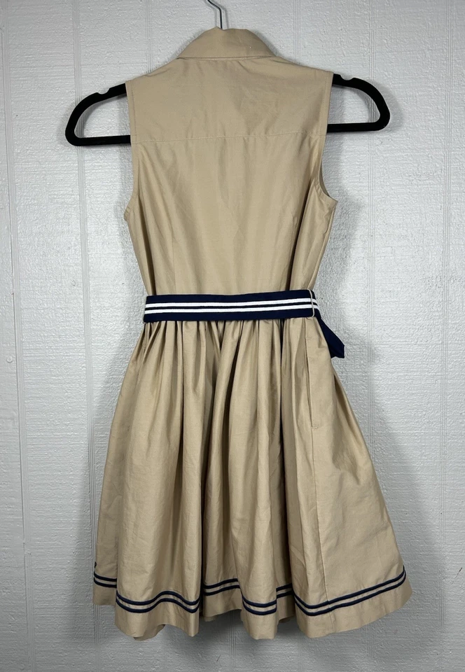 Vestido Camisa VINEYARD VINES GIRLS Cinturón Talla 12 Caqui Beige Azul Marino Preppy Usado en Excelente Condición Foto 2 de 4