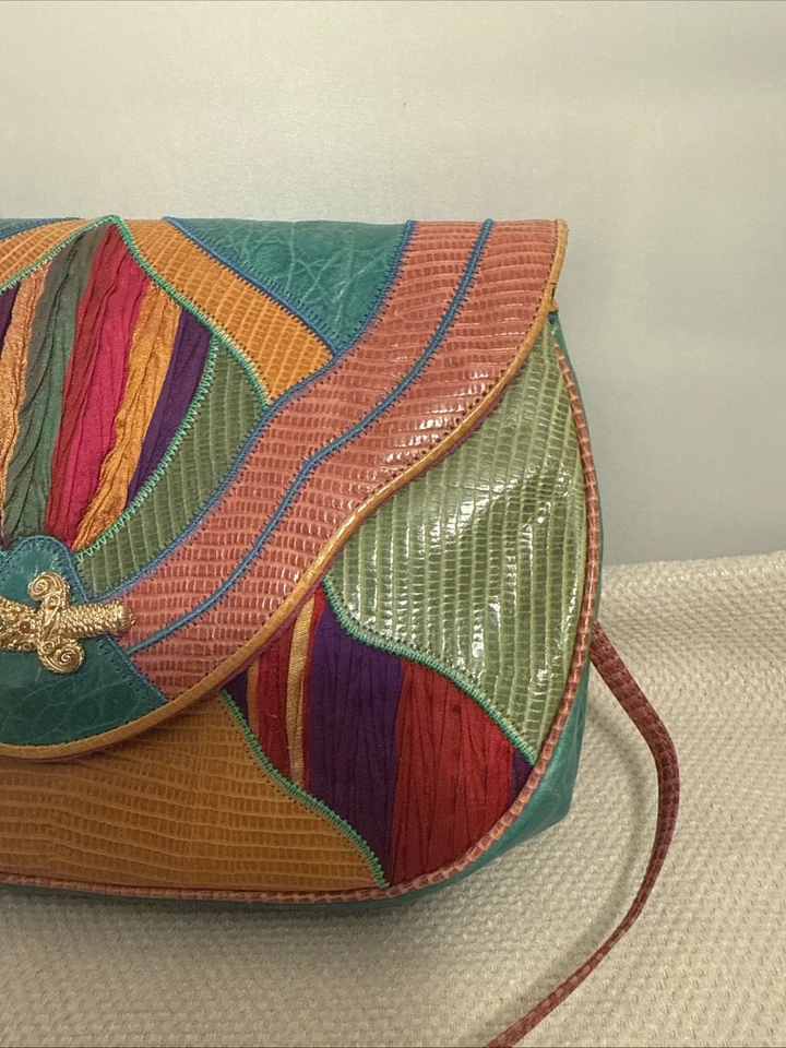 VTG 80s Exotic Sharif Shoulder Handbag Crossbody Patchwork Purse Scimitar Motif - Image 4 of 4