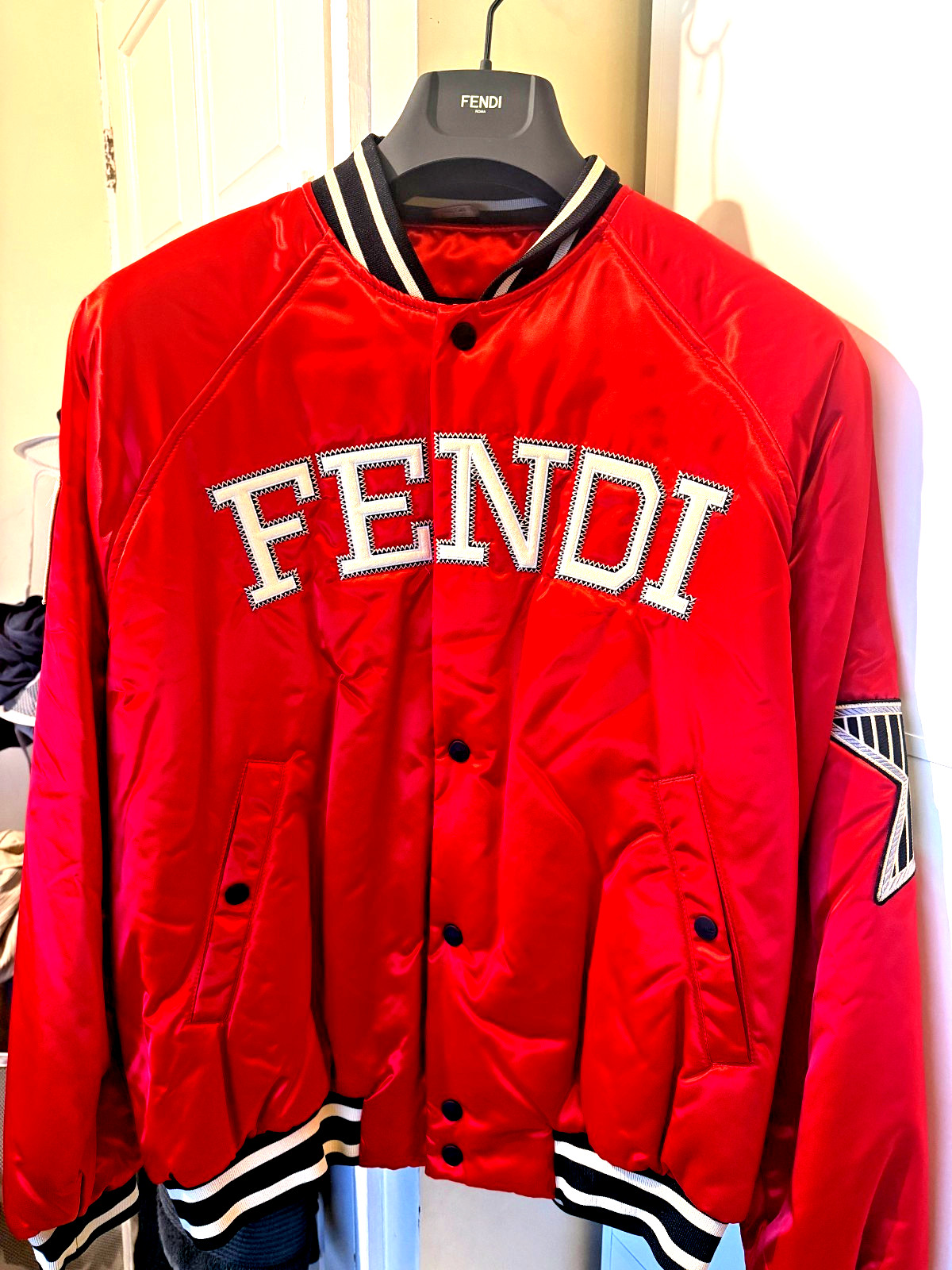 FENDI Multi-Patch Varsity Bomber Jacket Red Satin Size 50 IT Large Mens RARE image 2