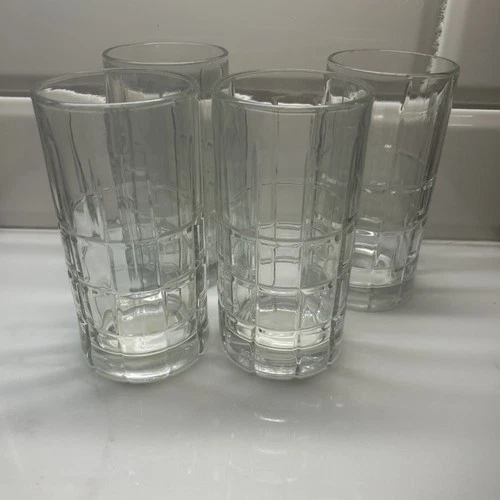 Set of 4 Vintage Anchor Hocking Clear Tartan Block Tumbler Glasses -16oz