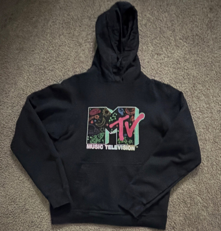 MTV Men's Black Graphic Logo Pullover Hoodie w/ Pockets, Size S Regular
