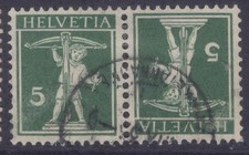 SWITZERLAND 157a 1911 5c GREEN WILLIAM TELL'S SON TETE BECHE PAIR USED CV$25
