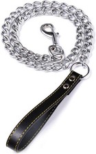 Chain Dog Leash with Leather Handle 4 Feet Bla