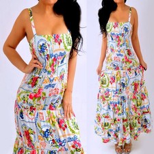 Red Blue Green Orange Floral Grapes Italia Ruffle Long Maxi Dress S Small NEW