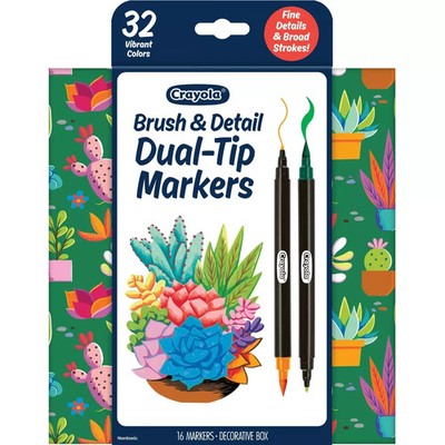 New Crayola Brush & Detail Dual-Tip 16ct Markers with Decorative Box (58-6755)