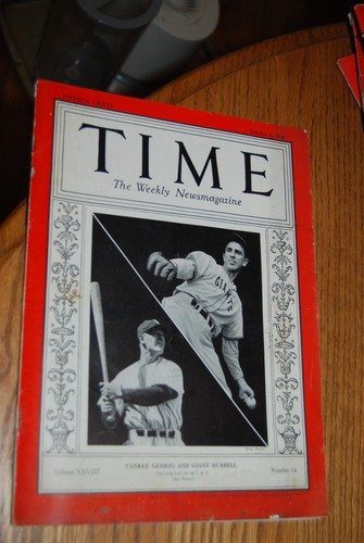 Original Time Magazine October 5, 1936 YANKEE LOU GEHRIG & GIANT CARL HUBBELL