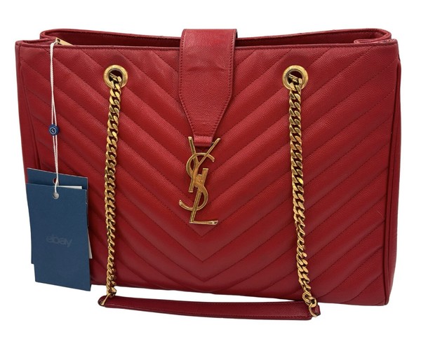 Saint Laurent Loulou Shopping Red Chevron Quilted Leather Tote Gold Strap