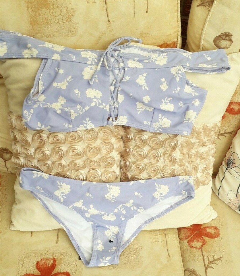 South Beach floral bardot lace up bikini in Light Blue UK size 14. eBay