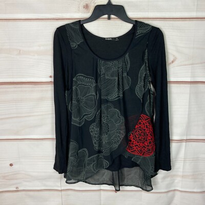 Desigual Top Womens XS Black Layered Blouse Chiffon Knit Embroidered Long Sleeve