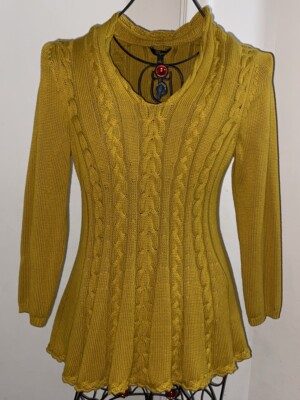 Cupio Womens Lagenlook Cable Knit Goldengord Yellow Boho Chic Sweater Size L-NWT