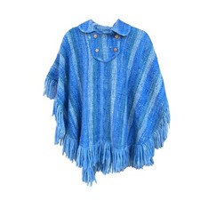 Handmade 100 Wool Fringe Poncho Artesania King Uruguay Blue Stripe Woven Medium