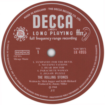 Rolling Stones. Beggars Banquet. Repro record label sticker. 99mm