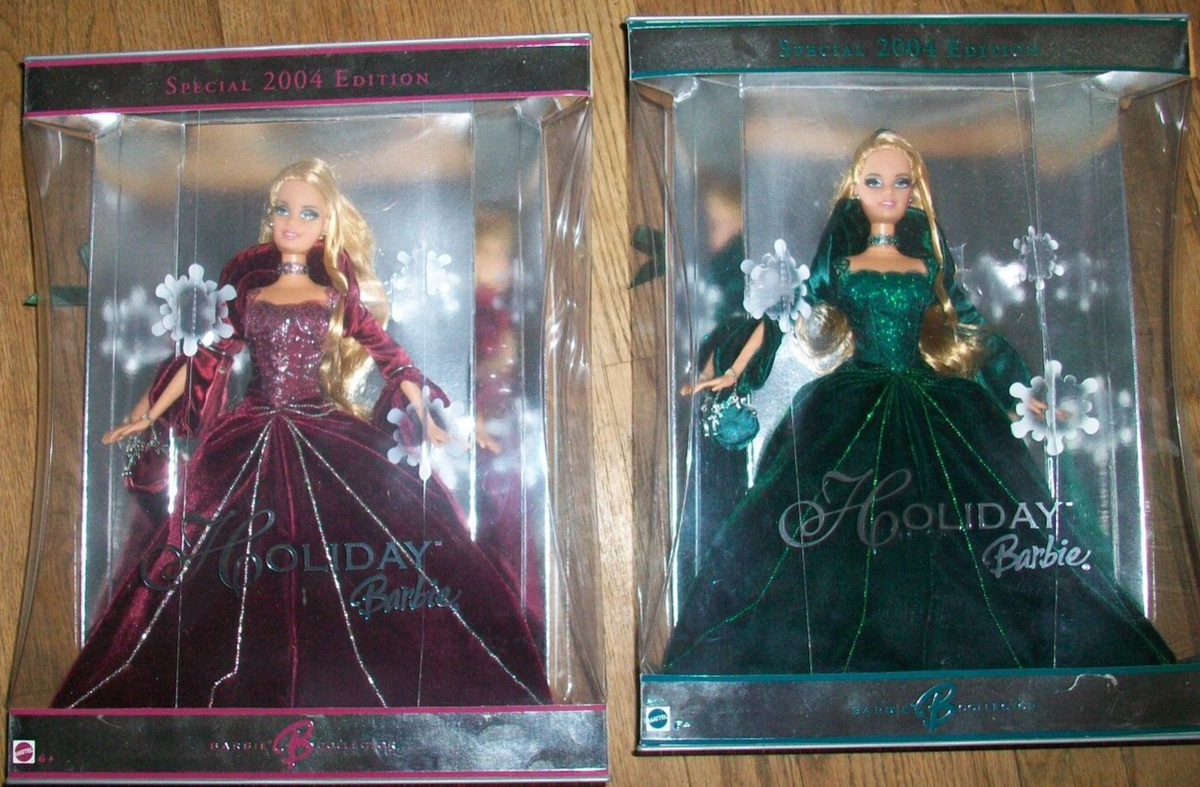 Lot of 2 Holiday Barbie 2004 BURGANDY DRESS & 2004 Holiday Green