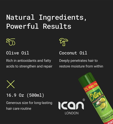 ican London Olive Oil Moisturizing Sheen / Shine Spray With Coconut Oil 500ml - Picture 4 of 6