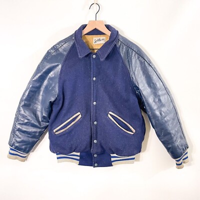 Vintage 1950s 1960s Blue Gray Leather Sleeve Collared Varsity 