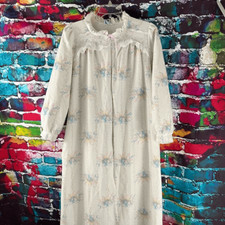 Vintage Lorraine Floral Print Flannel Lace Trim Half Zip Nightgown House Dress M