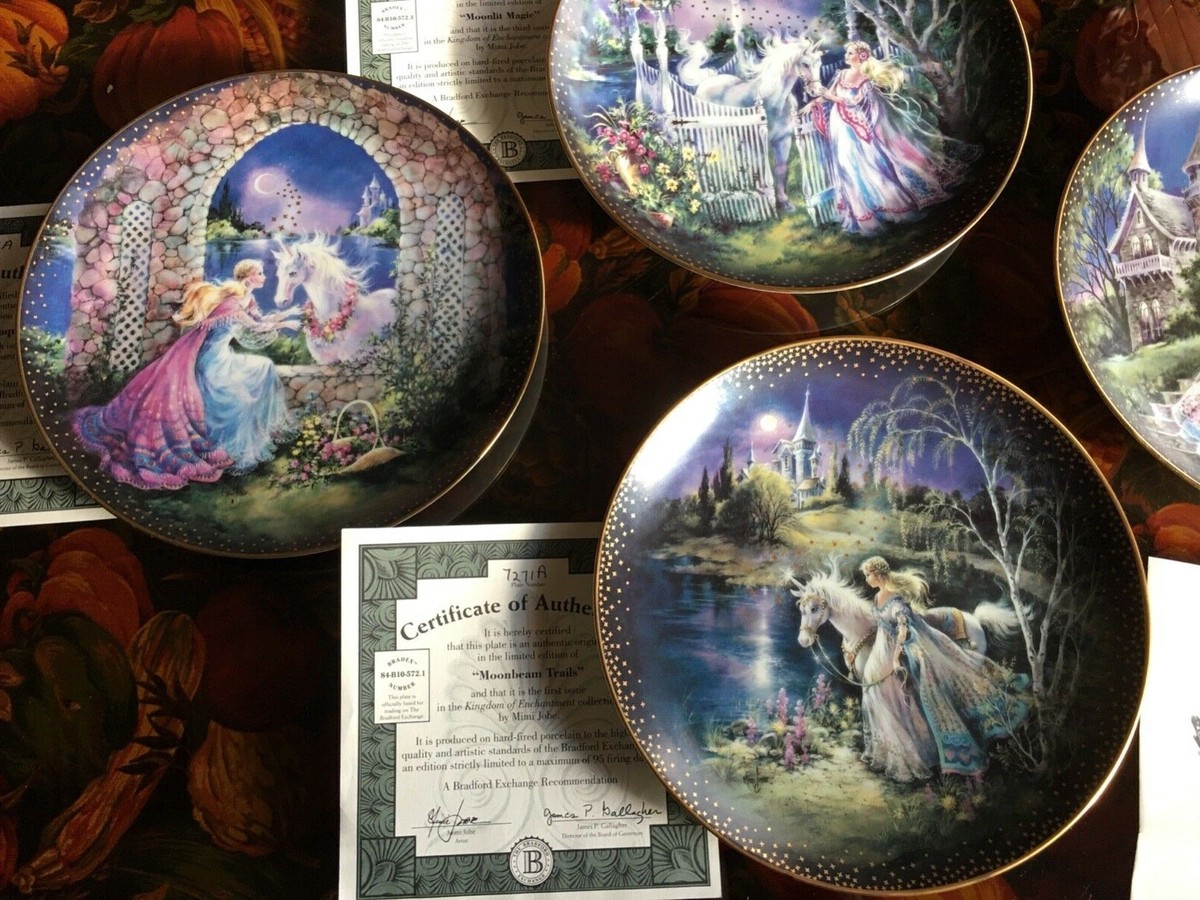 The Bradford Exchange Collec. unicorn & Fairy plates lot w/Storage